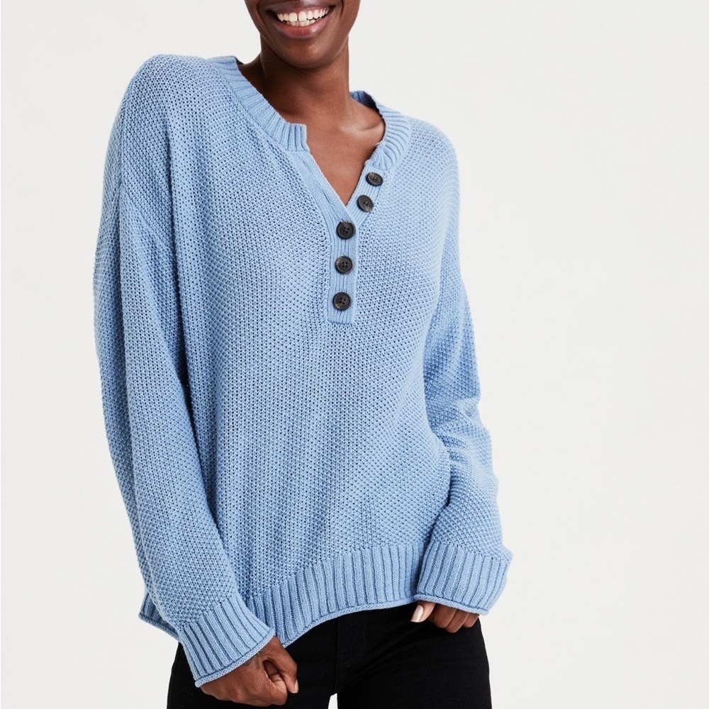 American Eagle Blue Henley Knit Long Sleeve Cropped Sweater shirt Size Large